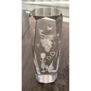 3D Laser Etched Crystal Glass Paperweight Grapes, Wine & Birds Decor 6" Tall